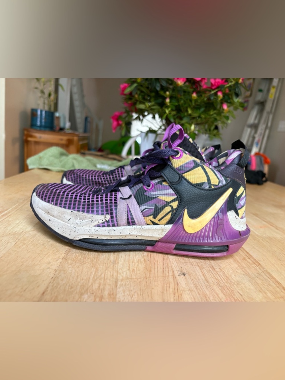 Nike LeBron Kids' Purple & Gold Patterned Sneakers